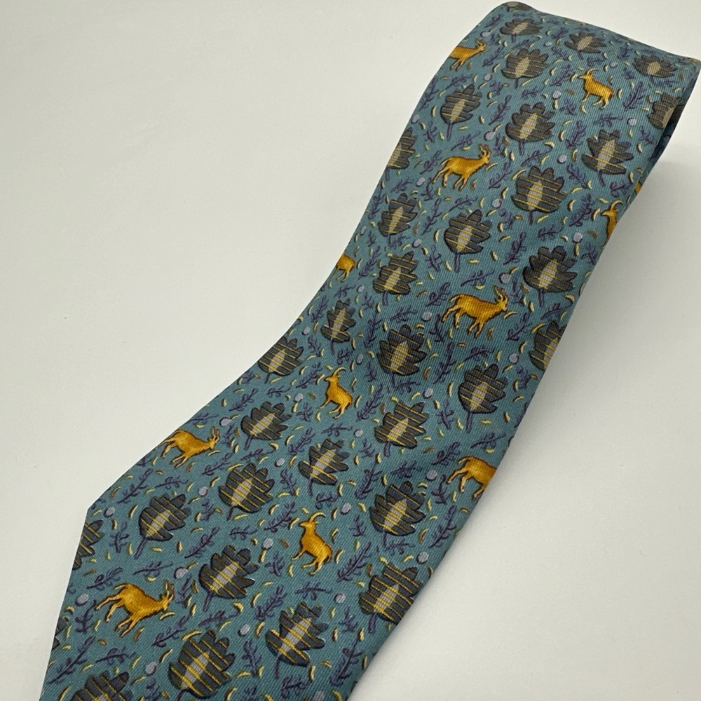 Hermes Blue Silk Tie Antelope and Leaf Pattern